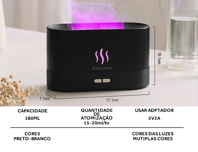 Umidificador Aromático Terapêutico com luzes que simula chamas.